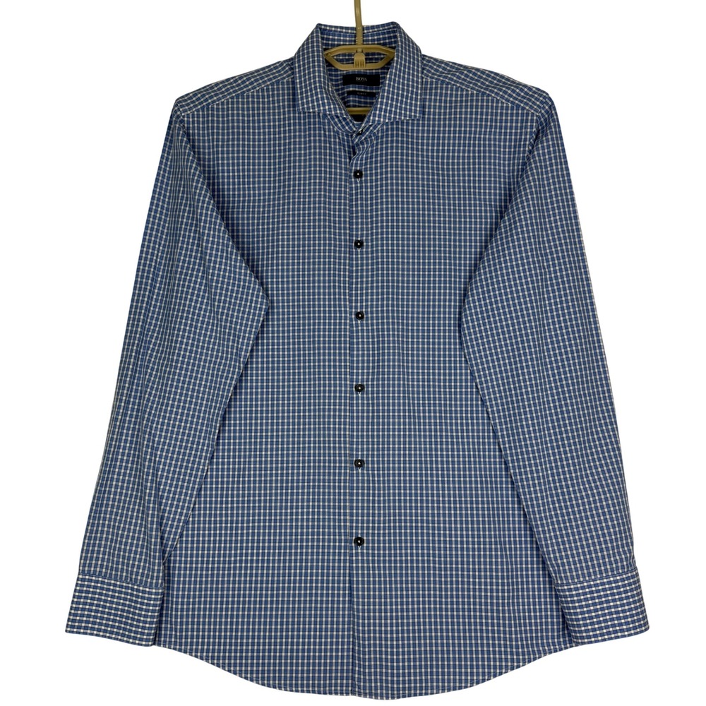 BOSS Hugo Boss Mens 17.5 44 Slim Fit Dress Shirt Blue White Check Long Sleeve